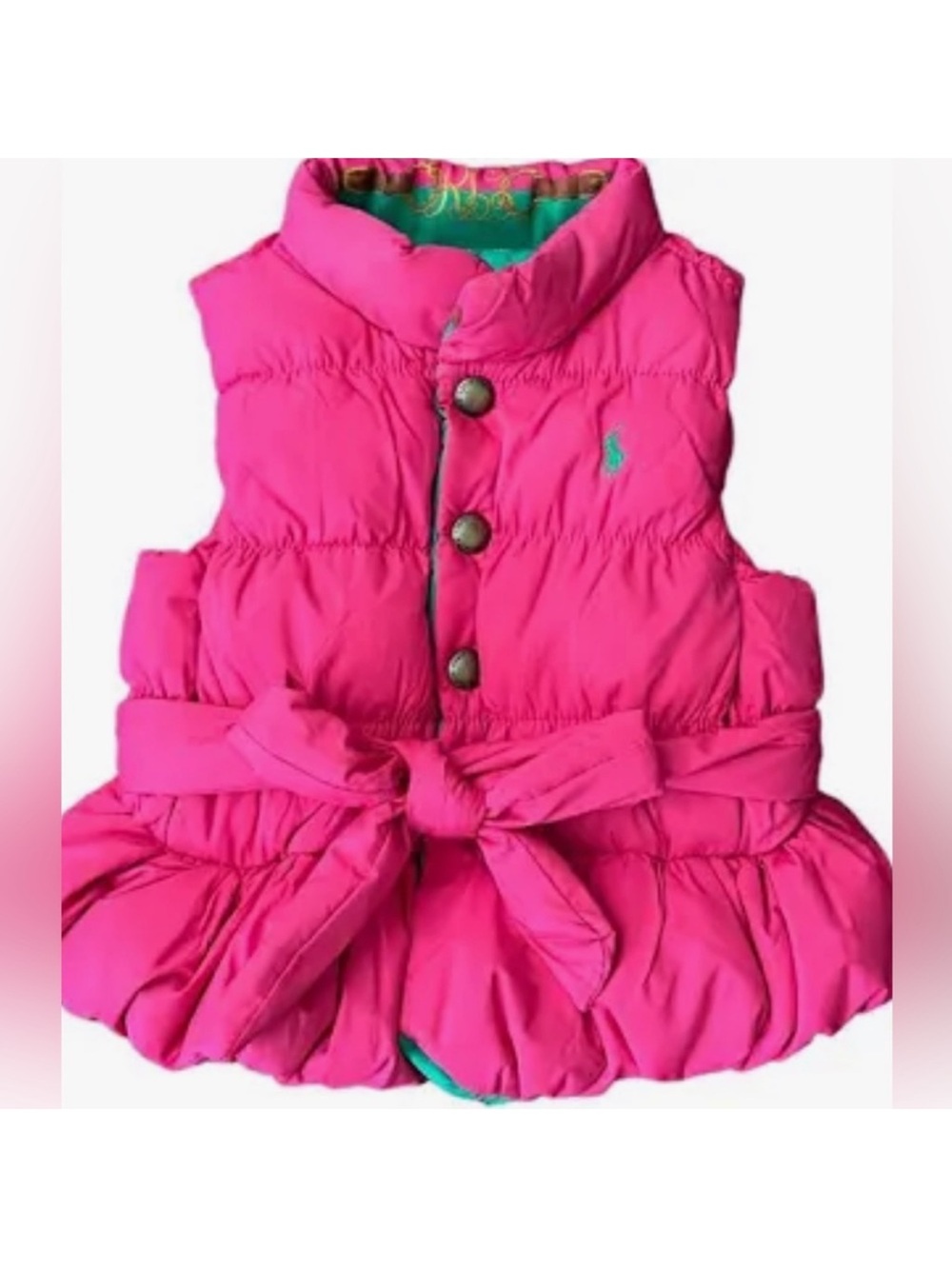 Polo Ralph Lauren Reversible Down Puffer Vest With tie waist Pink/Green 4T EUC